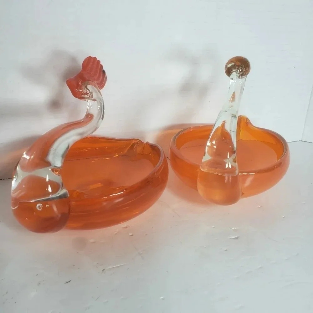 Vintage Art Glass set of 2 Orange Swans Candy/Nut/Trinket dish.